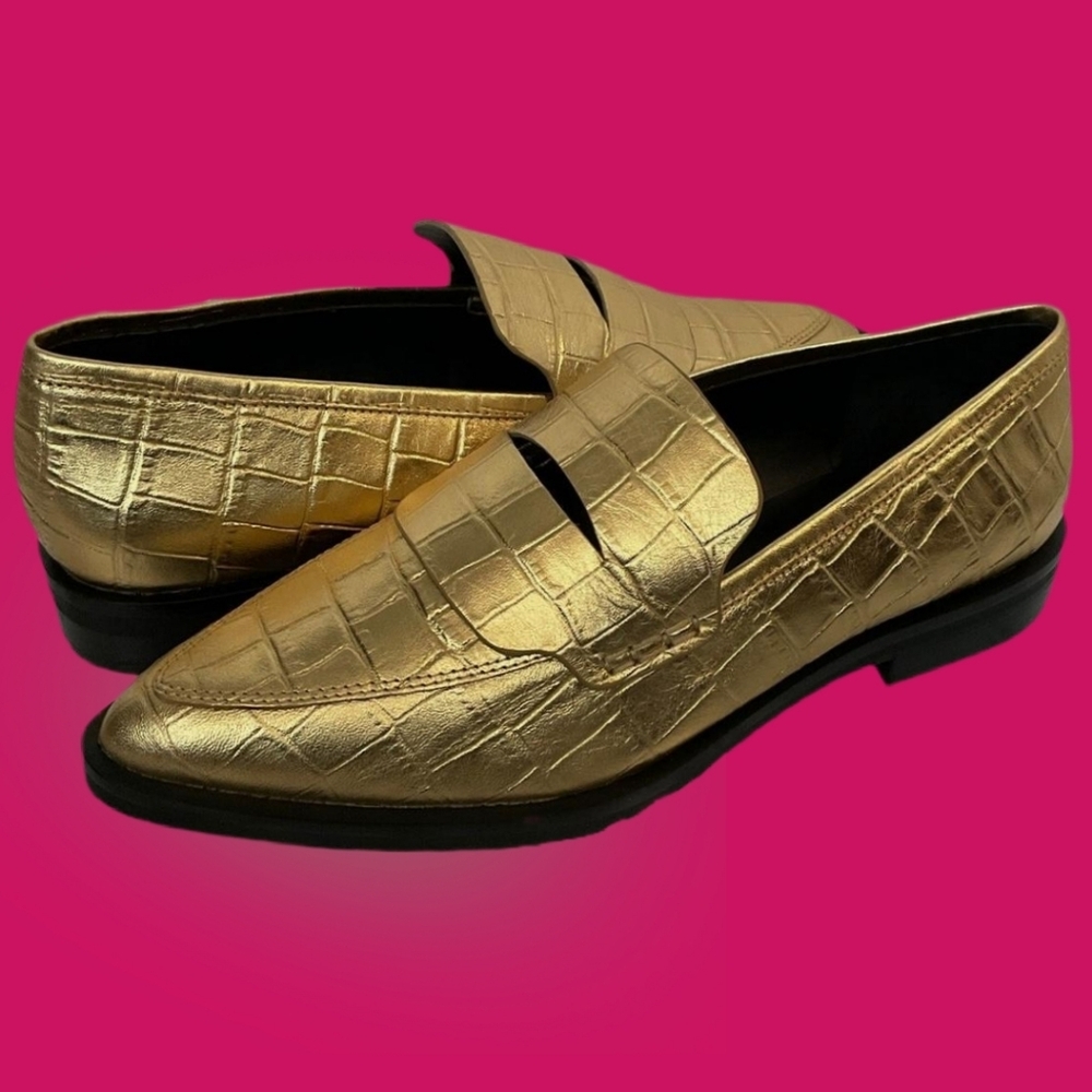 REBECCA MINKOFF Pacey Gold Penny Loafer Leather Croc Embossed Women's Size 8.5 - Picture 2 of 13